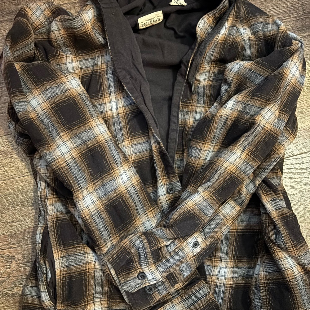 RedHead Men's Black, Brown & Blue Plaid Button-Down Shirt with Hood
